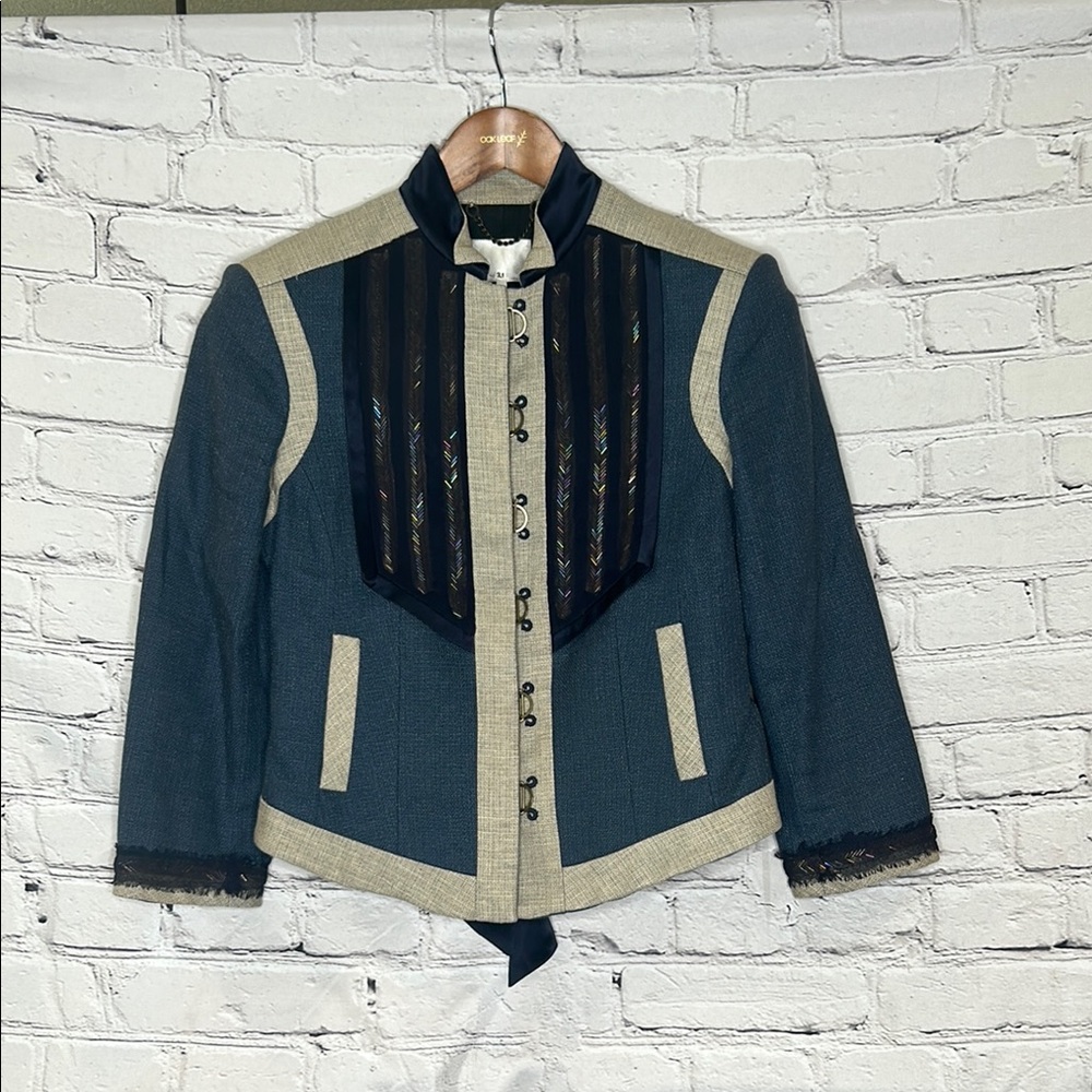 3.1 Phillip Lim Blue & Tan Cotton Linen Blend Tuxedo Military Jacket Size 6